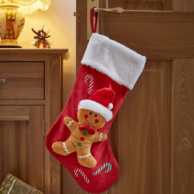 Large Gingerbread Man Stocking with Hanging Hook Red White Festive Christmas Xmas Gift Bag Decoration Measures H53 x W20cm