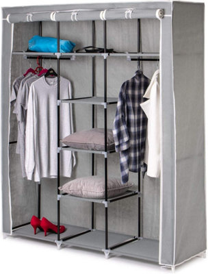 Large Grey Canvas Wardrobe With Hanging Rail & Storage Shelves