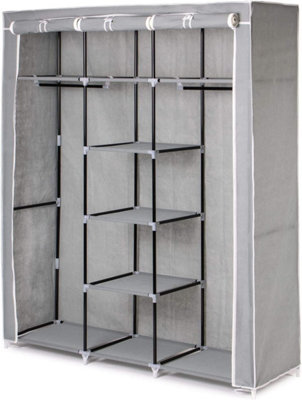 Large Grey Canvas Wardrobe With Hanging Rail & Storage Shelves
