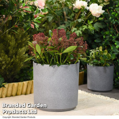 Large Grey Cylinder Stone Effect Planter Outdoor Garden Plastic 36cm (x2)