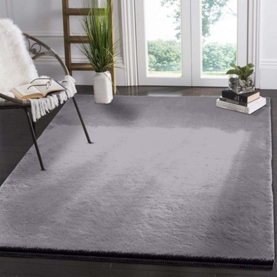Large Grey Rabbit Fur Rug Non Slip Soft Fluffy Rugs Living Room Bedroom ...
