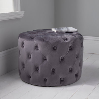 Large Grey Tufted Velvet Pouffe