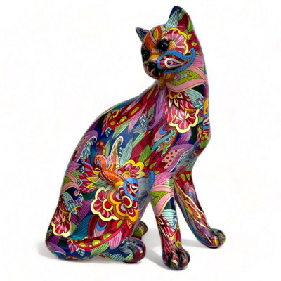 Large 'Groovy Art' Cat figurine, bright colour novelty design home decoration, height 28cm