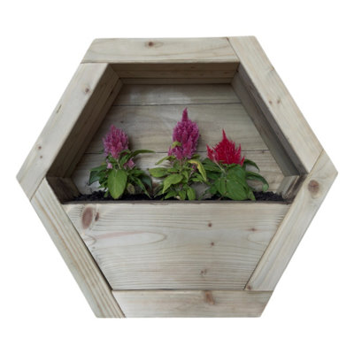 Large Hanging Wooden Hexagon Wall Planter - L16 x W54 x H47 cm - Fully ...