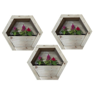 Large Hanging Wooden Hexagon Wall Planter (Set of 3) - L16 x W54 x H47 ...