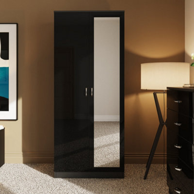 Large High Gloss Black 2 Door Mirrored Double Wardrobe
