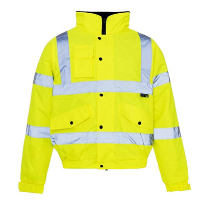 Large (L) High Visibility Waterproof Safety Workwear Bomber Jacket With a Fluorescent Concealed Hood