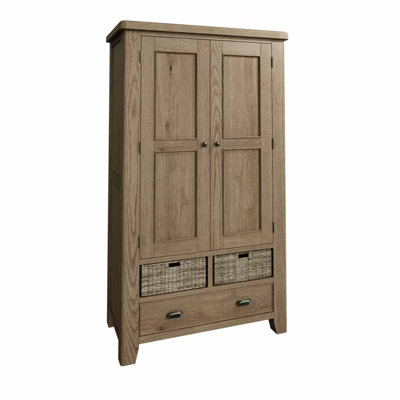 Large Larder Unit - Pine/MDF/Wicker - L110 x W55 x H190 cm - Smoked Oak/Wicker