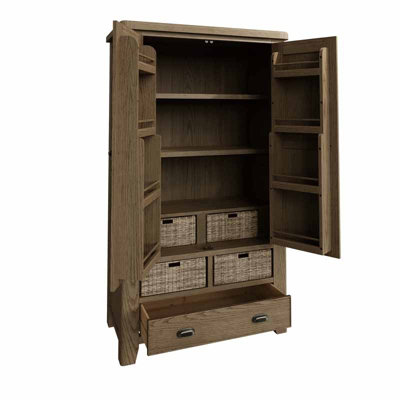Large Larder Unit - Pine/MDF/Wicker - L110 x W55 x H190 cm - Smoked Oak/Wicker - 3