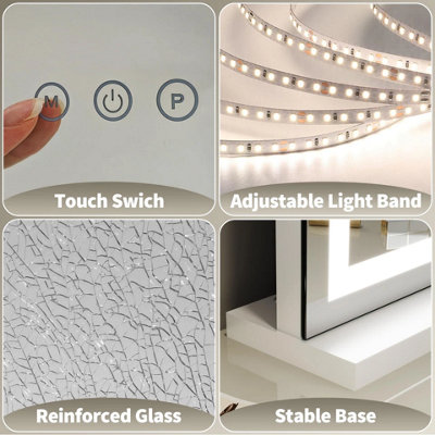 Large LED Makeup Vanity Mirror 58 x 46cm Dimmable 3 Color Lighting