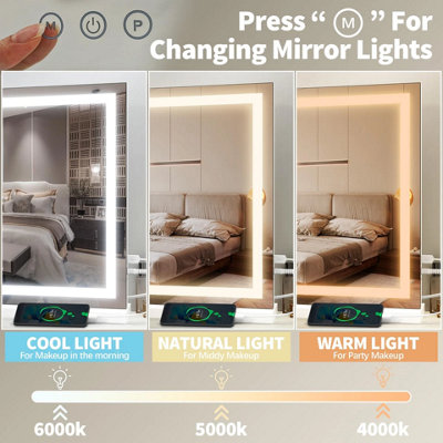 Large LED Makeup Vanity Mirror 58 x 46cm Dimmable 3 Color Lighting