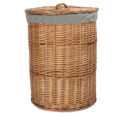 Large Light Steamed Round Linen Basket with Grey Sage Lining