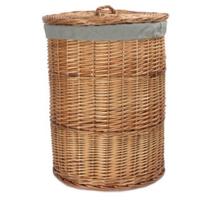 Large Light Steamed Round Linen Basket with Grey Sage Lining