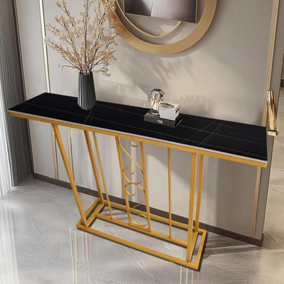 Large Marble Effect Sintered Stone With Metal Frame Free Standing Console Table Hallway Entrance Furniture 120 cm (Black/Gold)
