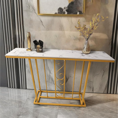 Large Marble Effect Sintered Stone With Metal Frame Free Standing Console Table Hallway Entrance Furniture 120 cm (White/Gold)