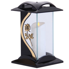 Large Memorial Grave Lantern (26x16x16cm) - Black with LED Candle Included - Funeral Cemetery Decorations - Grave Ornaments