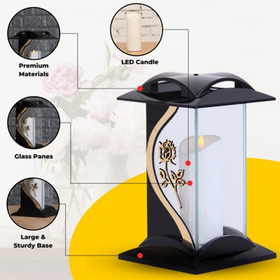 Large Memorial Grave Lantern (26x16x16cm) - Black with LED Candle Included - Funeral Cemetery Decorations - Grave Ornaments