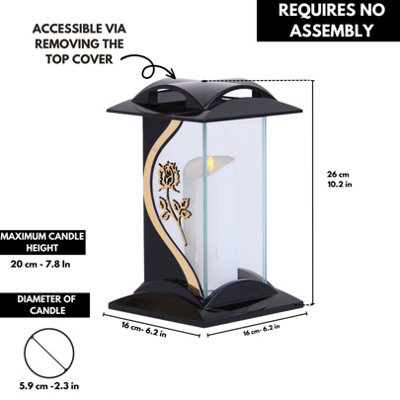 Large Memorial Grave Lantern (26x16x16cm) - Black with LED Candle Included - Funeral Cemetery Decorations - Grave Ornaments - 3