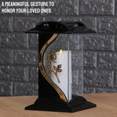 Large Memorial Grave Lantern (26x16x16cm) - Black with LED Candle Included - Funeral Cemetery Decorations - Grave Ornaments - 4