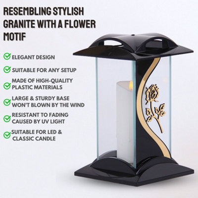 Large Memorial Grave Lantern (26x16x16cm) - Black with LED Candle Included - Funeral Cemetery Decorations - Grave Ornaments - 5