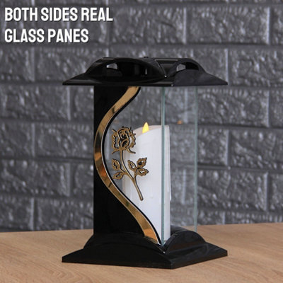 Large Memorial Grave Lantern (26x16x16cm) - Black with LED Candle Included - Funeral Cemetery Decorations - Grave Ornaments - 6