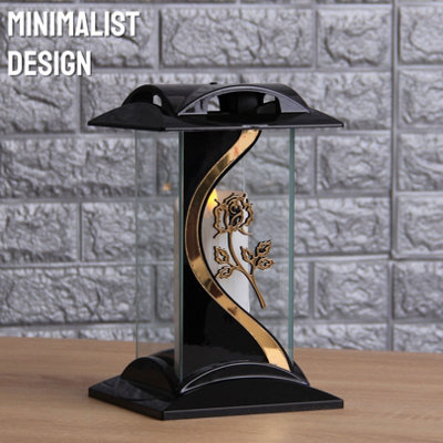 Large Memorial Grave Lantern (26x16x16cm) - Black with LED Candle Included - Funeral Cemetery Decorations - Grave Ornaments - 8