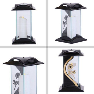 Large Memorial Grave Lantern (26x16x16cm) - Black with LED Candle Included - Funeral Cemetery Decorations - Grave Ornaments - 9