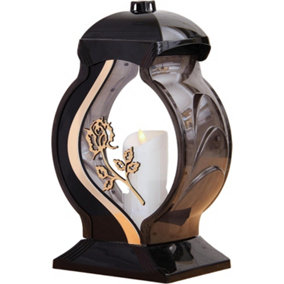 Large Memorial Grave Lantern (34.5x24.5x14cm) - Black with LED Candle Included - Funeral Cemetery Decorations - Grave Ornaments
