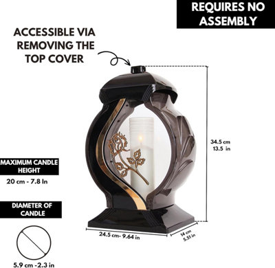 Large Memorial Grave Lantern (34.5x24.5x14cm) - Black with Paraffin Candle Included - Funeral Cemetery Decoration- Grave Ornaments - 3