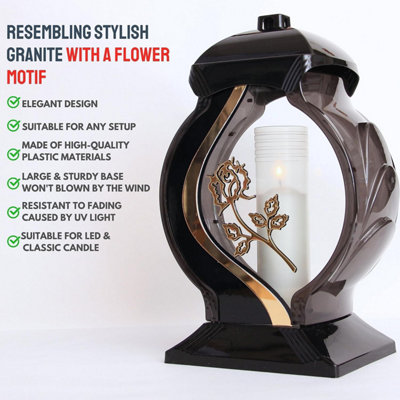 Large Memorial Grave Lantern (34.5x24.5x14cm) - Black with Paraffin Candle Included - Funeral Cemetery Decoration- Grave Ornaments - 4