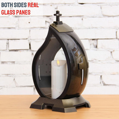 Large Memorial Grave Lantern (36.5x22.5x17cm) - Black with LED Candle Included - Funeral Cemetery Decorations - Grave Ornaments - 5