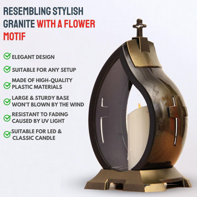 Large Memorial Grave Lantern (36.5x22.5x17cm) - Black with LED Candle Included - Funeral Cemetery Decorations - Grave Ornaments - 6