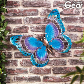 Large Metal Butterfly Garden Wall Art with Colourful Glass Decoration, Dimensions L44 x W2.5 x H34cm (Blue & Purple)