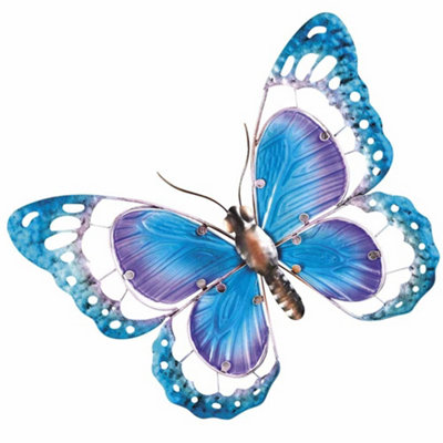 Large Metal Butterfly Garden Wall Art with Colourful Glass Decoration, Dimensions L44 x W2.5 x H34cm (Blue & Purple)
