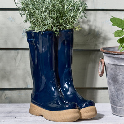 Large Midnight Blue Wellington Boot Planter Ceramic Indoor Outdoor Garden Flower Plant Pot (H) 29.5cm, (W)24cm