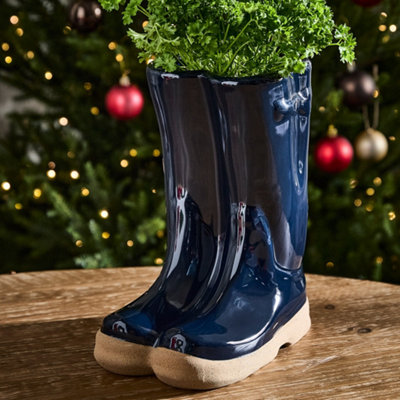 Large Midnight Blue Wellington Boot Planter Ceramic Indoor Outdoor Garden Flower Plant Pot