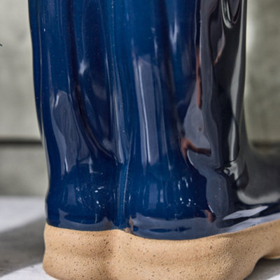 Large Midnight Blue Wellington Boot Planter Ceramic Indoor Outdoor Garden Flower Plant Pot