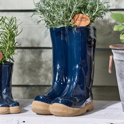 Large Midnight Blue Wellington Boot Planter Ceramic Indoor Outdoor Garden Flower Plant Pot