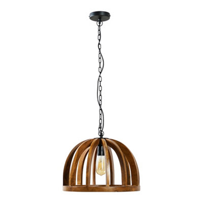 Large Natural Brown Wooden Cage Dome Ceiling Pendant Light Fitting with Black Metal Chain - Including Bulb