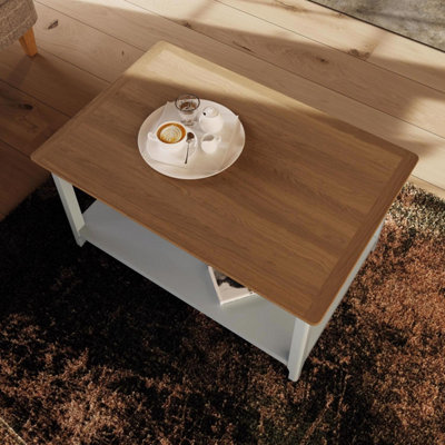 Large Oak Coffee Table With Storage Shelf Cream Linen
