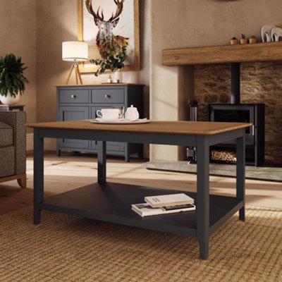 Large Oak Coffee Table With Storage Shelf - Graphite Blue