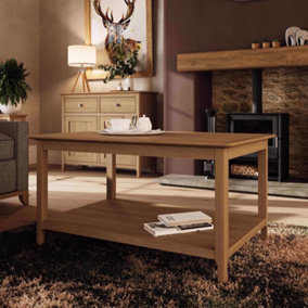 Large Oak Coffee Table With Storage Shelf - Natural Oak