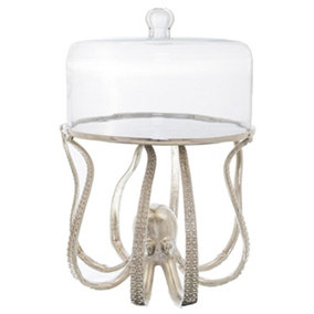 Large Octopus Cake Stand Cloche - Glass/Metal - L38 x W38 x H30 cm - Silver