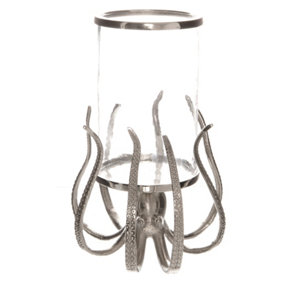 Large Octopus Candle Hurricane Lantern - Glass/Metal - L38 x W35 x H47 cm - Silver