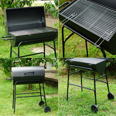 Large Oil Drum Charcoal BBQ Grill Barbecue Warming Rack Portable Wheels Stand