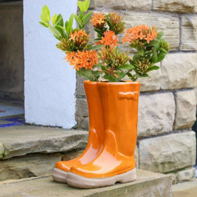 Large Orange Double Wellington Boots Outdoor Summer Ceramic Flower Pot Garden Planter Pot Gift for Gardeners
