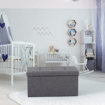 Large Ottoman Foldaway Storage Blanket Toy Box Bench Twill Linen with Buttons 76x38cm Grey