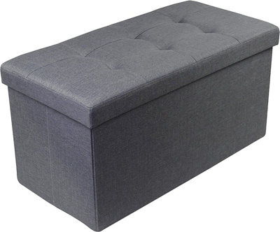 Large Ottoman Foldaway Storage Blanket Toy Box Bench Twill Linen with Buttons 76x38cm Grey
