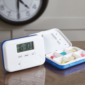 Large Pill Box with Vibrating or Audible Alarm, 4cm Screen with Countdown Timer & 6 Compartments - Measures H2 x W6.5 x D6.5cm