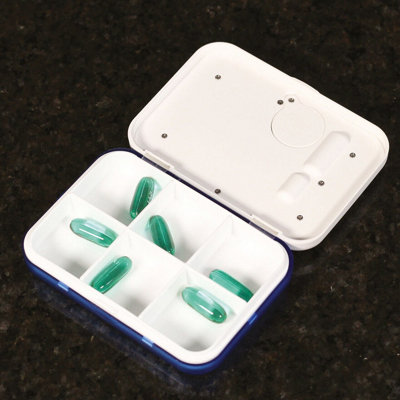 Large Pill Box with Vibrating or Audible Alarm, 4cm Screen with Countdown Timer & 6 Compartments - Measures H2 x W6.5 x D6.5cm